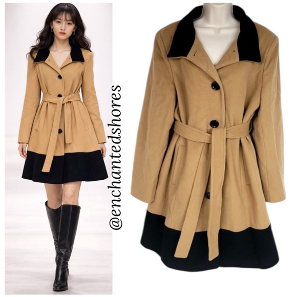 Vintage Cashmere Wool Coat Luxury Classic Two Tone Camel Tan Black Women Size XL - Picture 15 of 16